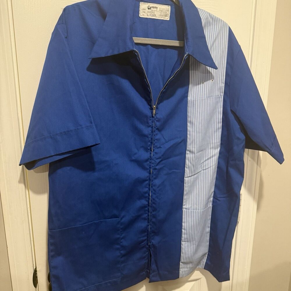 Angelica Bowling Shirt USA Made Blue Zip Front Striped Panel Work Uniform Size L